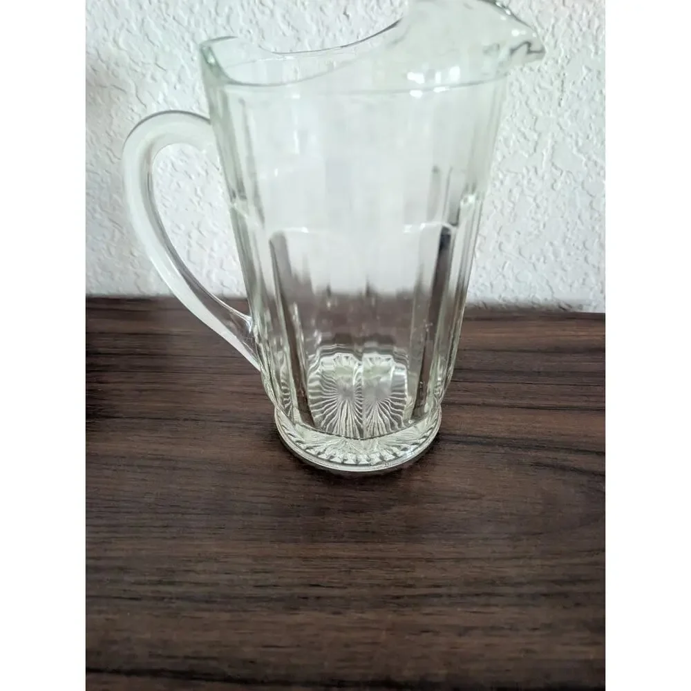 Vintage Heavy Clear Glass Pitcher with Ribbed Design and Handle